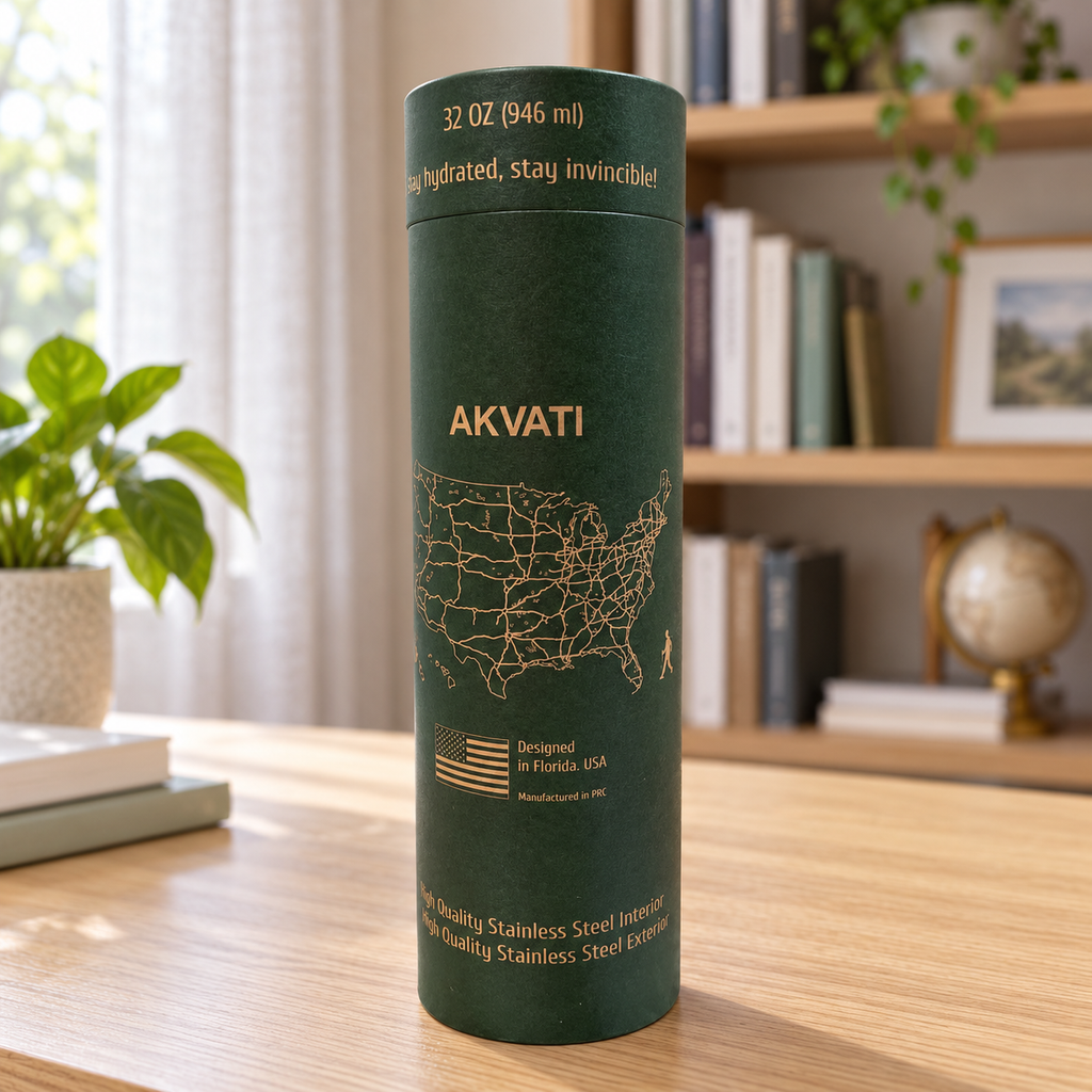 AI-assisted illustration of AKVATI 32 oz green bottle retail tube in a study