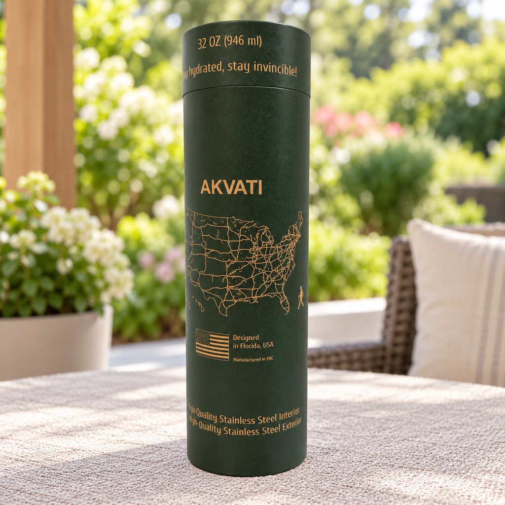 AI-assisted illustration of AKVATI 32 oz green bottle retail tube in a patio setting