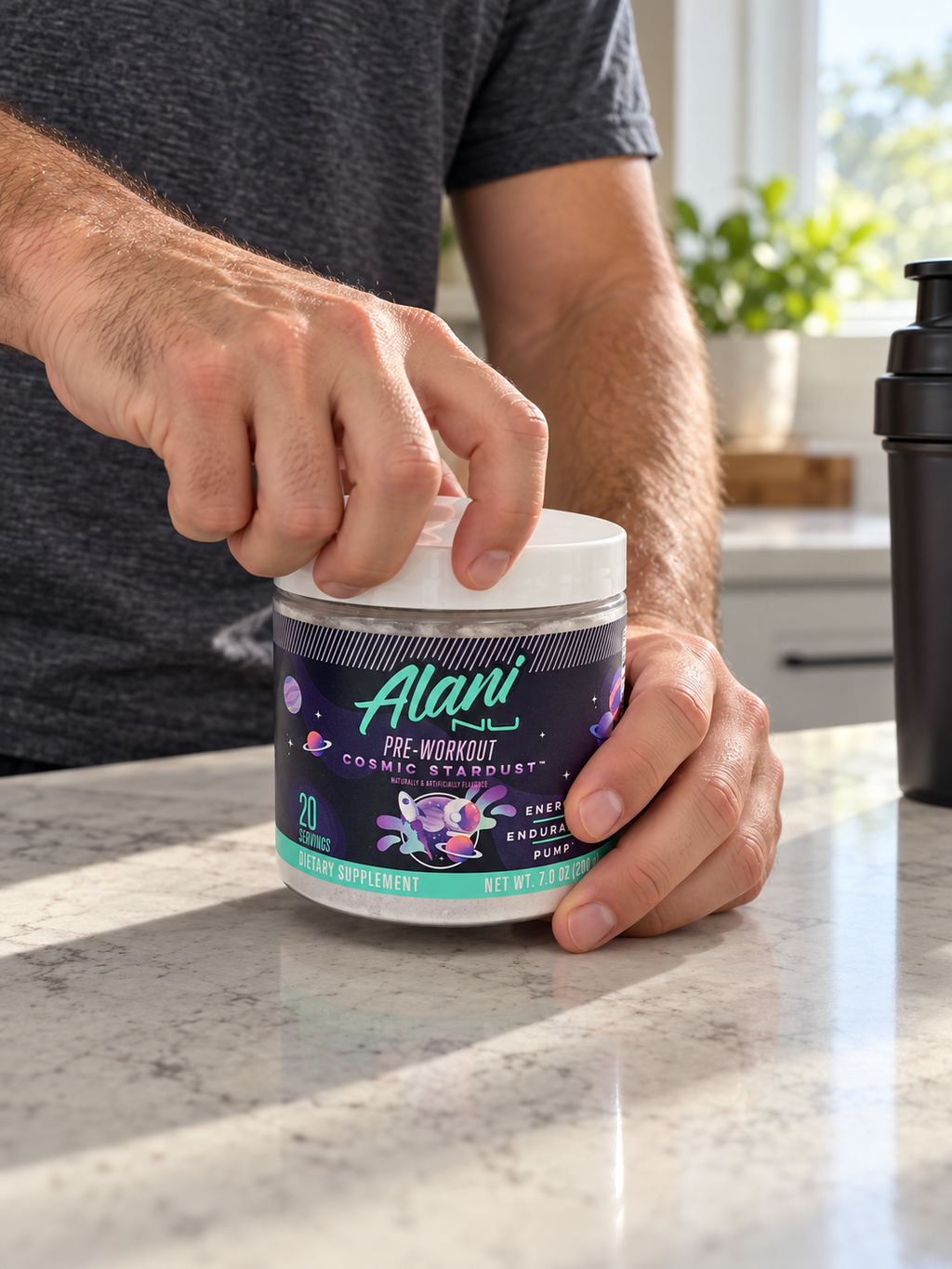 AI-assisted illustration: Hands opening an Alani Nu Cosmic Stardust 20-serving pre-workout tub.