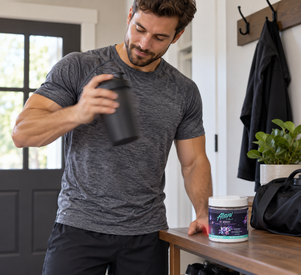 AI-assisted illustration: Shaking a drink with Alani Nu Cosmic Stardust pre-workout nearby.
