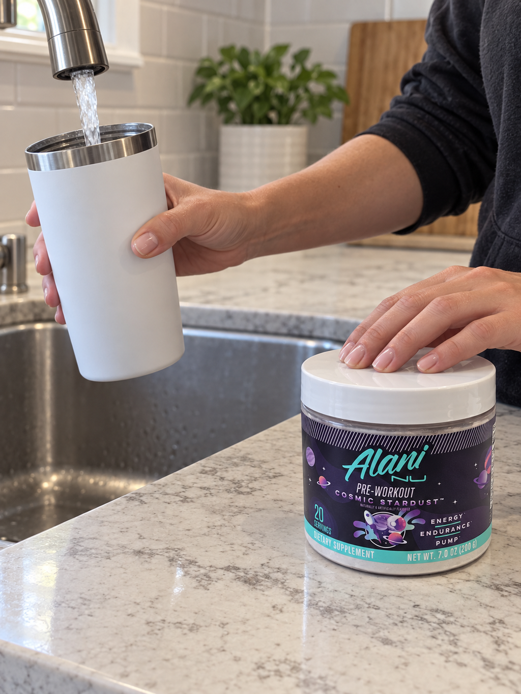 AI-assisted illustration: Filling a tumbler with water beside an Alani Nu Cosmic Stardust tub.
