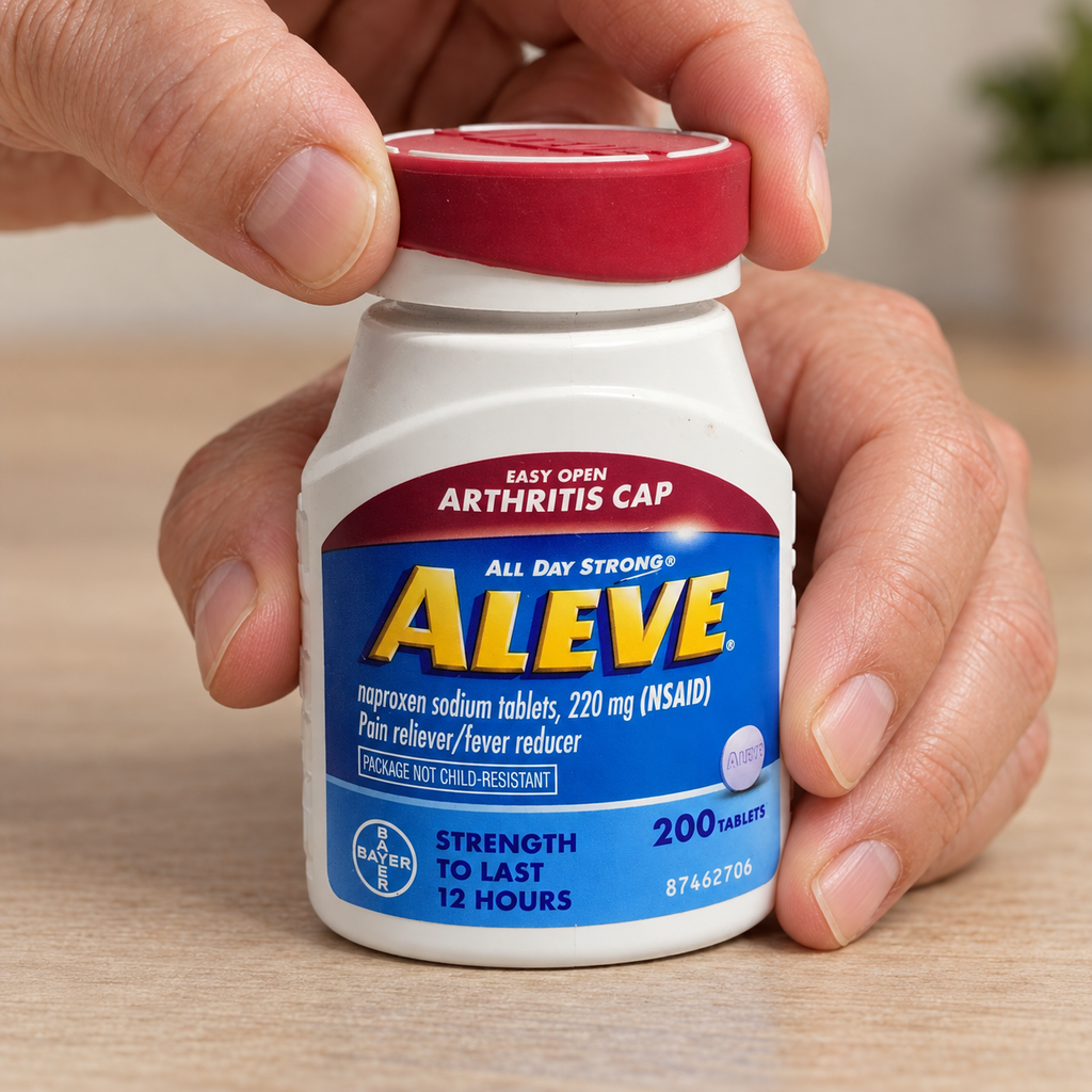 AI-assisted illustration of adult hands turning Aleve 200-tablet non-child-resistant Easy Open Arthritis Cap