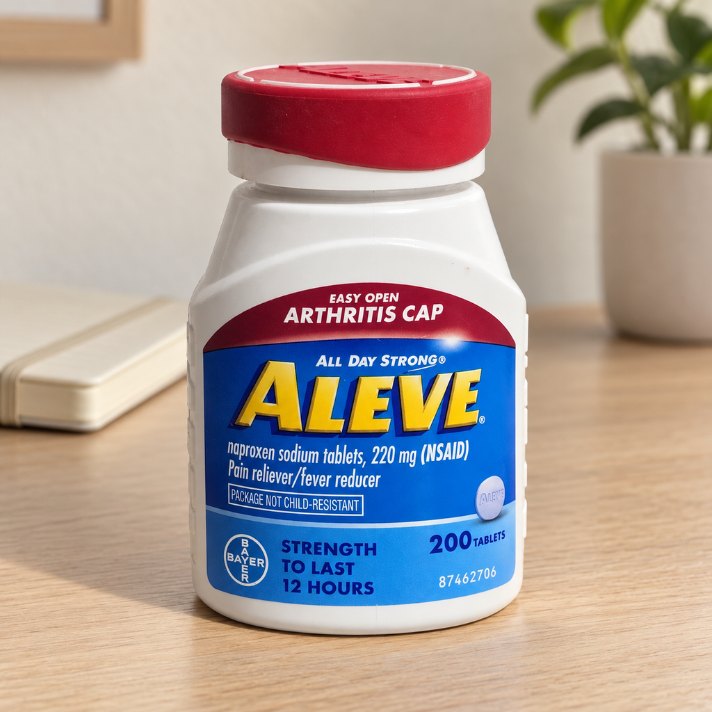 AI-assisted illustration of Aleve 200-tablet Easy Open Arthritis Cap bottle on a desk beside a notebook