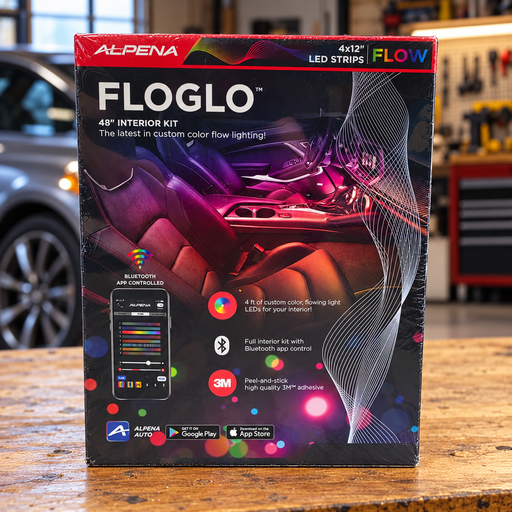 AI-generated scene of the closed Alpena FLOGLO48-inch kit box on a garage workbench; lighting and vehicle are printed package artwork.