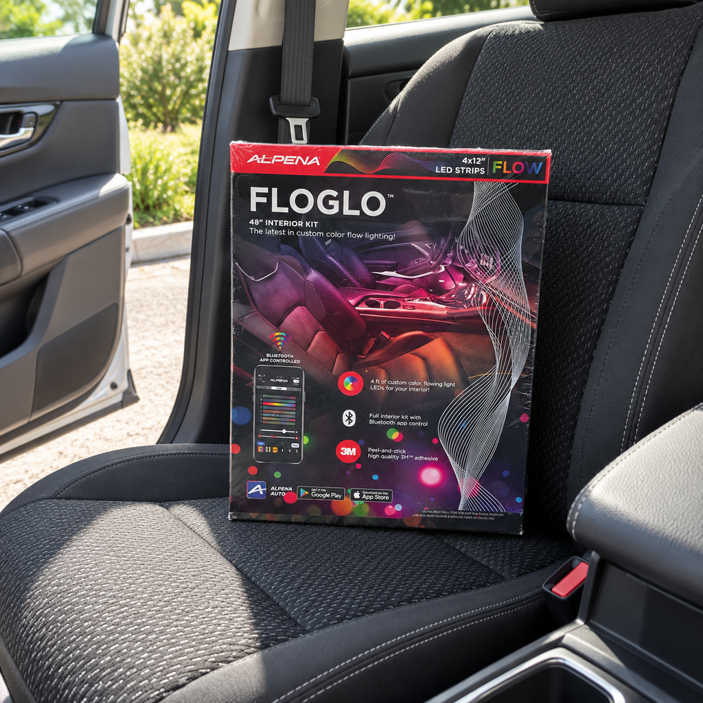 AI-generated scene of the closed Alpena FLOGLO48-inch kit box on a parked car's passenger seat; no installed lighting shown.