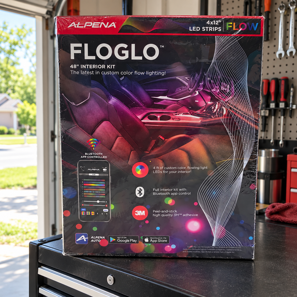 AI-generated scene of the closed Alpena FLOGLO48-inch kit box on a closed garage tool chest.
