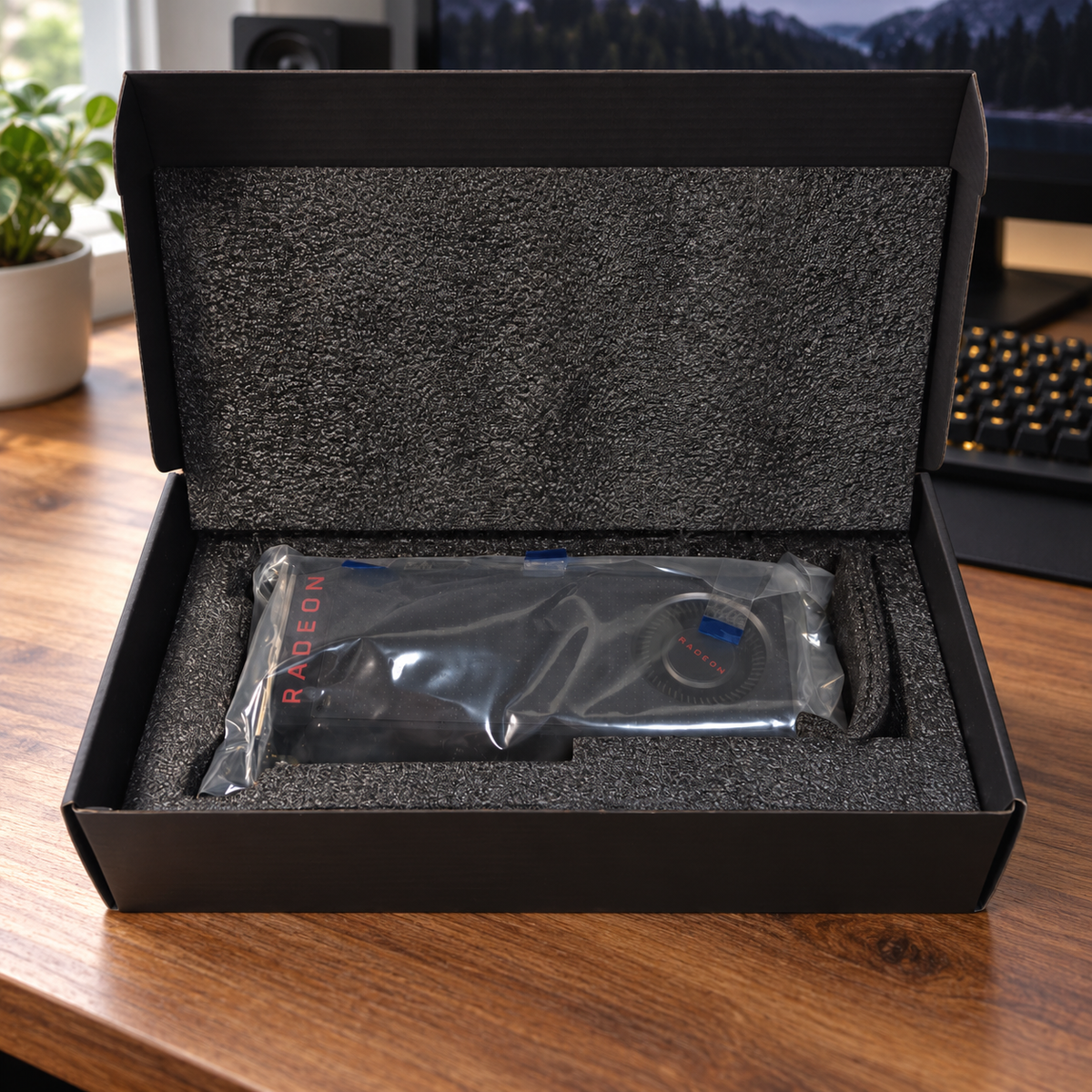 AMD Radeon RX 480 4GB card in protective bag and foam-lined box on a home computer desk, AI-assisted lifestyle illustration