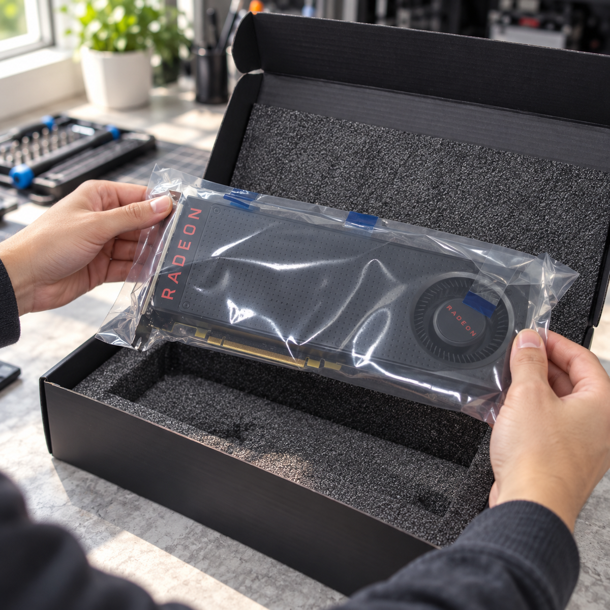 AI-generated scene of a bagged Radeon RX 480 card lifted from a foam-lined box; tools are props.