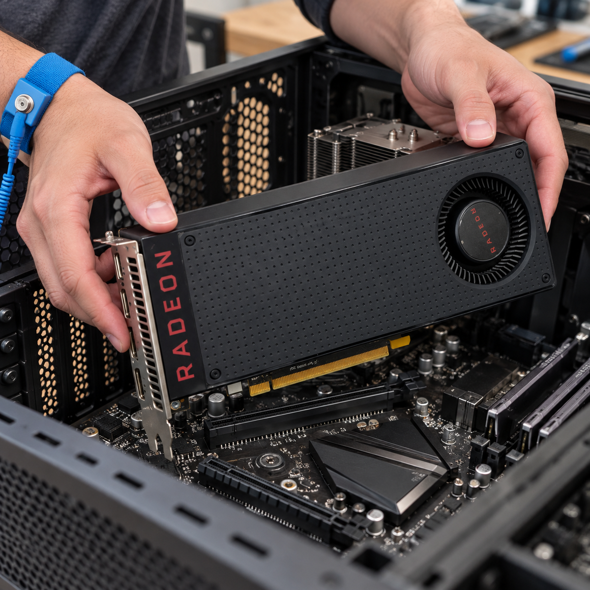 AI-generated scene illustrating careful Radeon RX 480 handling above a desktop graphics slot; computer and tools are not included.