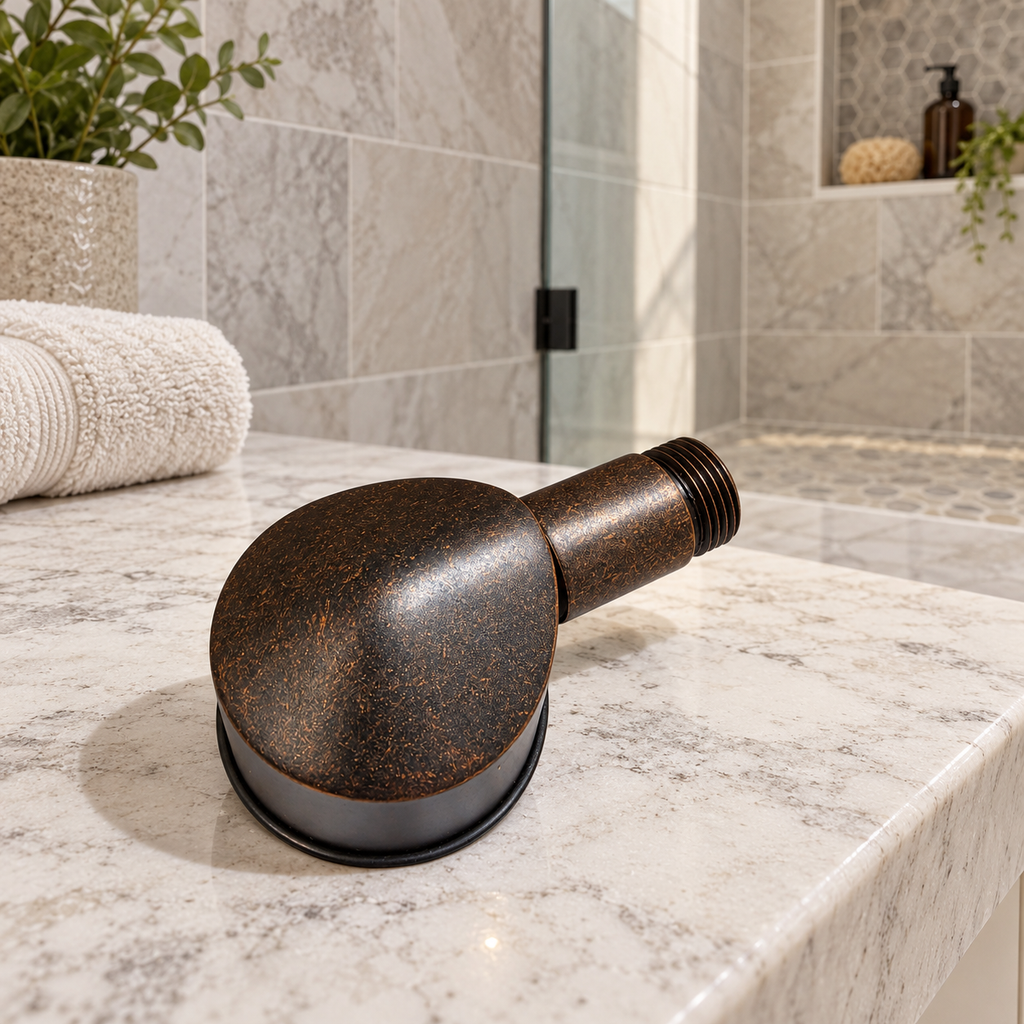 AI-generated context: American Standard8888037.224 bronze wall supply elbow on a stone shower bench; props not included