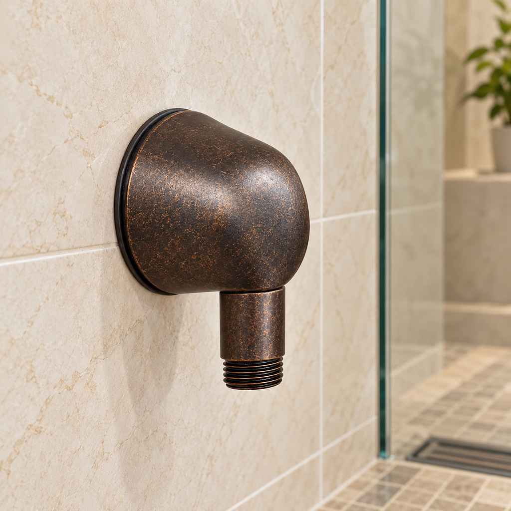 AI-generated context: bronze8888037.224 wall supply elbow on cream shower tile with downward threaded hose outlet