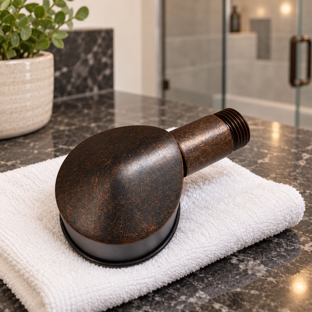 AI-generated context: American Standard bronze wall supply elbow on a cotton cloth by a shower; props not included
