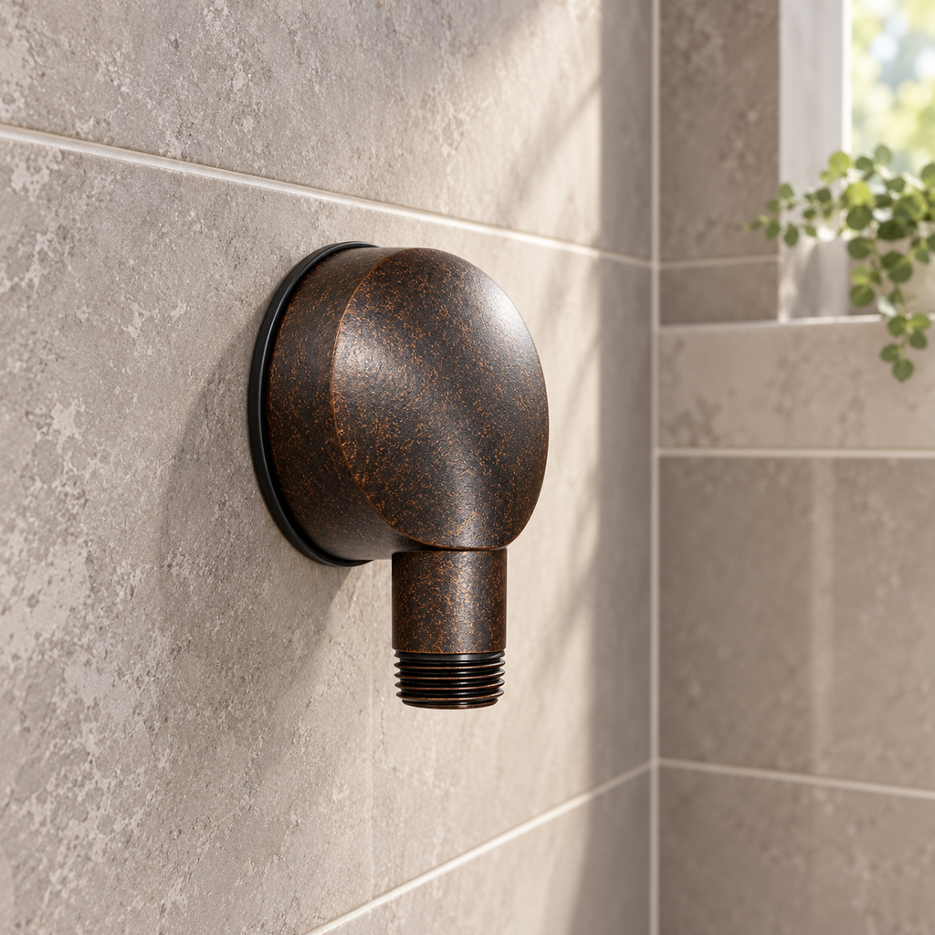 AI-generated context: American Standard8888037.224 bronze wall elbow on warm gray shower tile