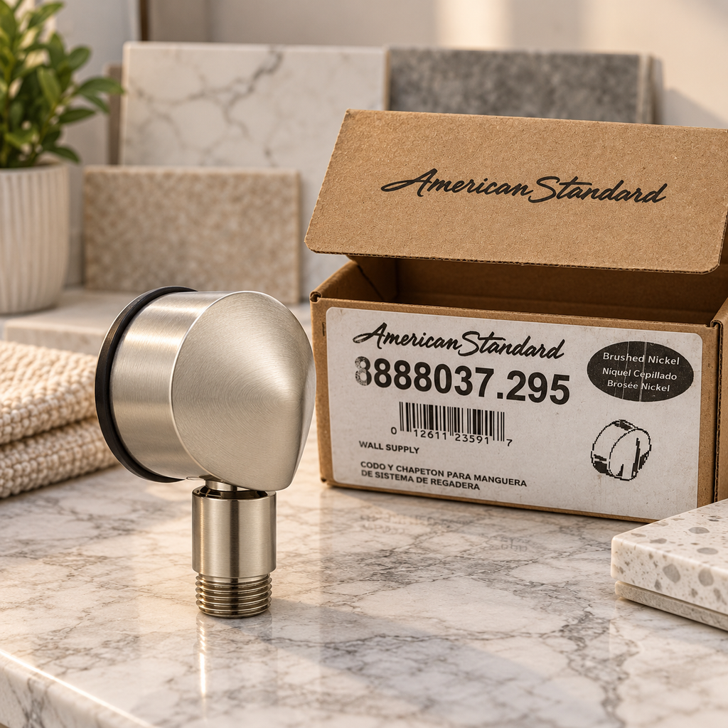 American Standard 8888.037.295 brushed nickel wall supply elbow, renovation workbench, AI-assisted illustration