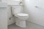 AI-generated bathroom scene 1 illustrating a white elongated toilet seat; toilet, fixtures and room props are not included.