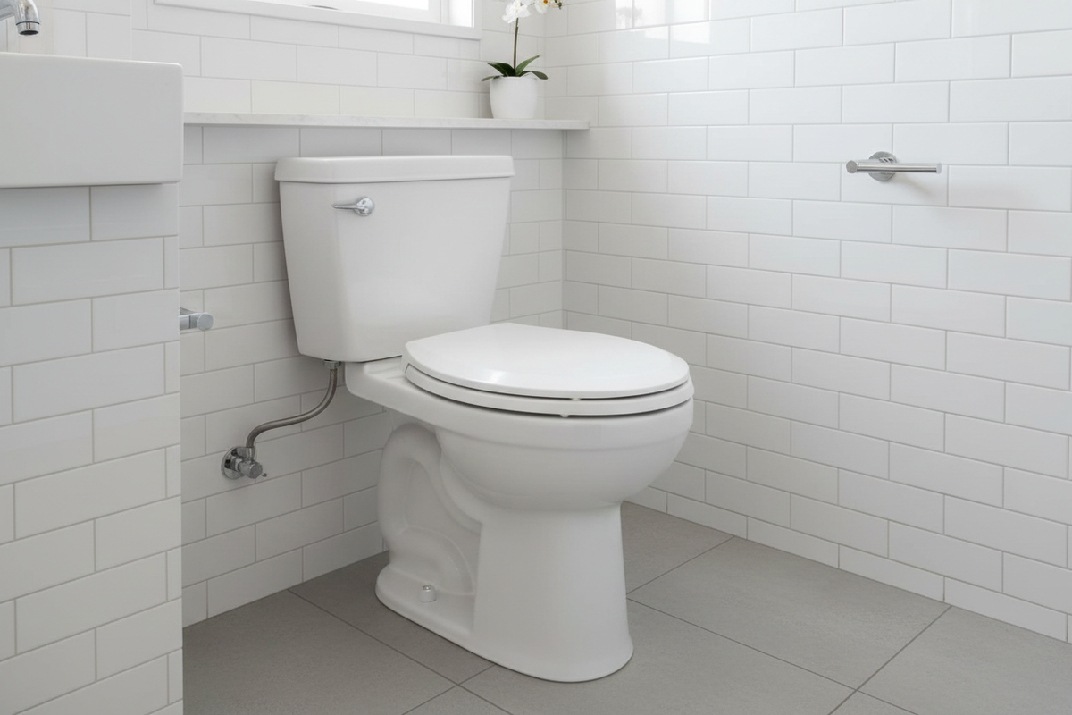 AI-generated bathroom scene 1 illustrating a white elongated toilet seat; toilet, fixtures and room props are not included.