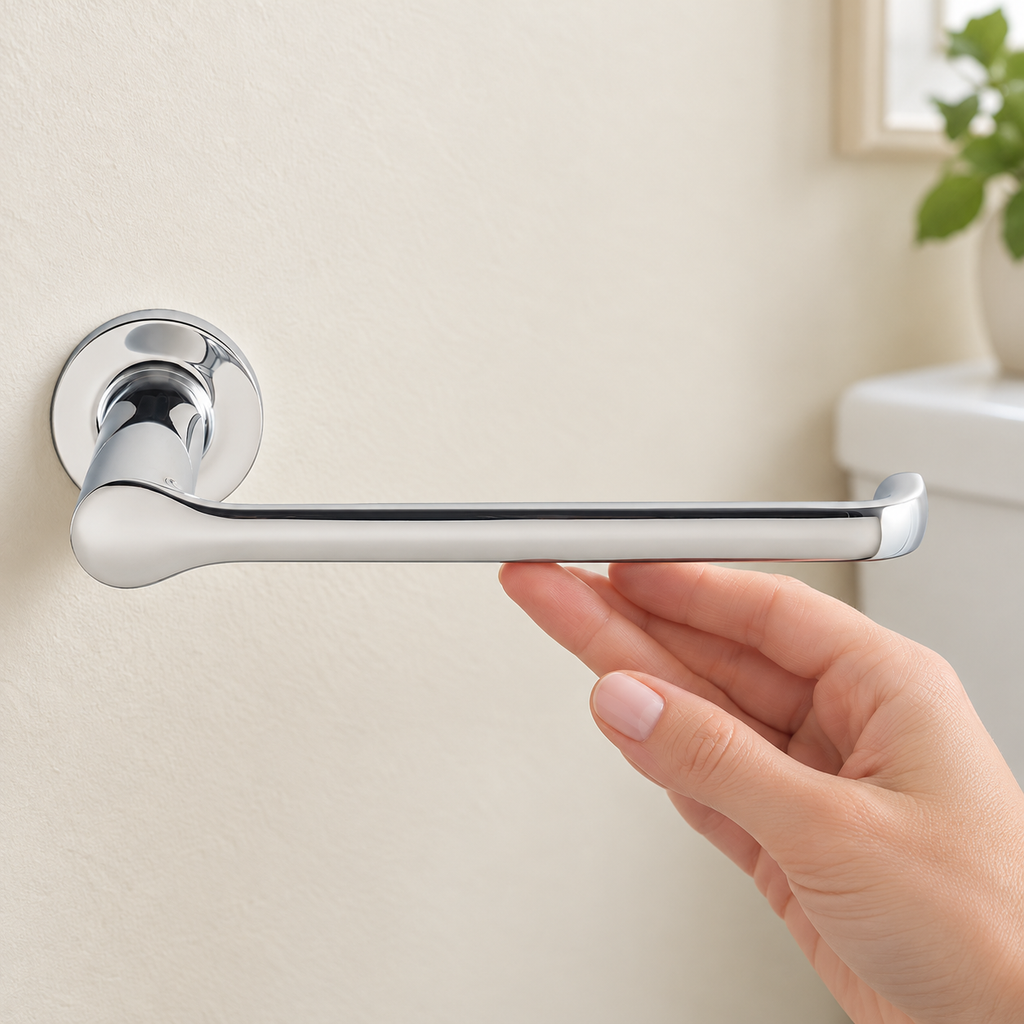 Hand beside the smooth open arm of the Studio S chrome toilet paper holder