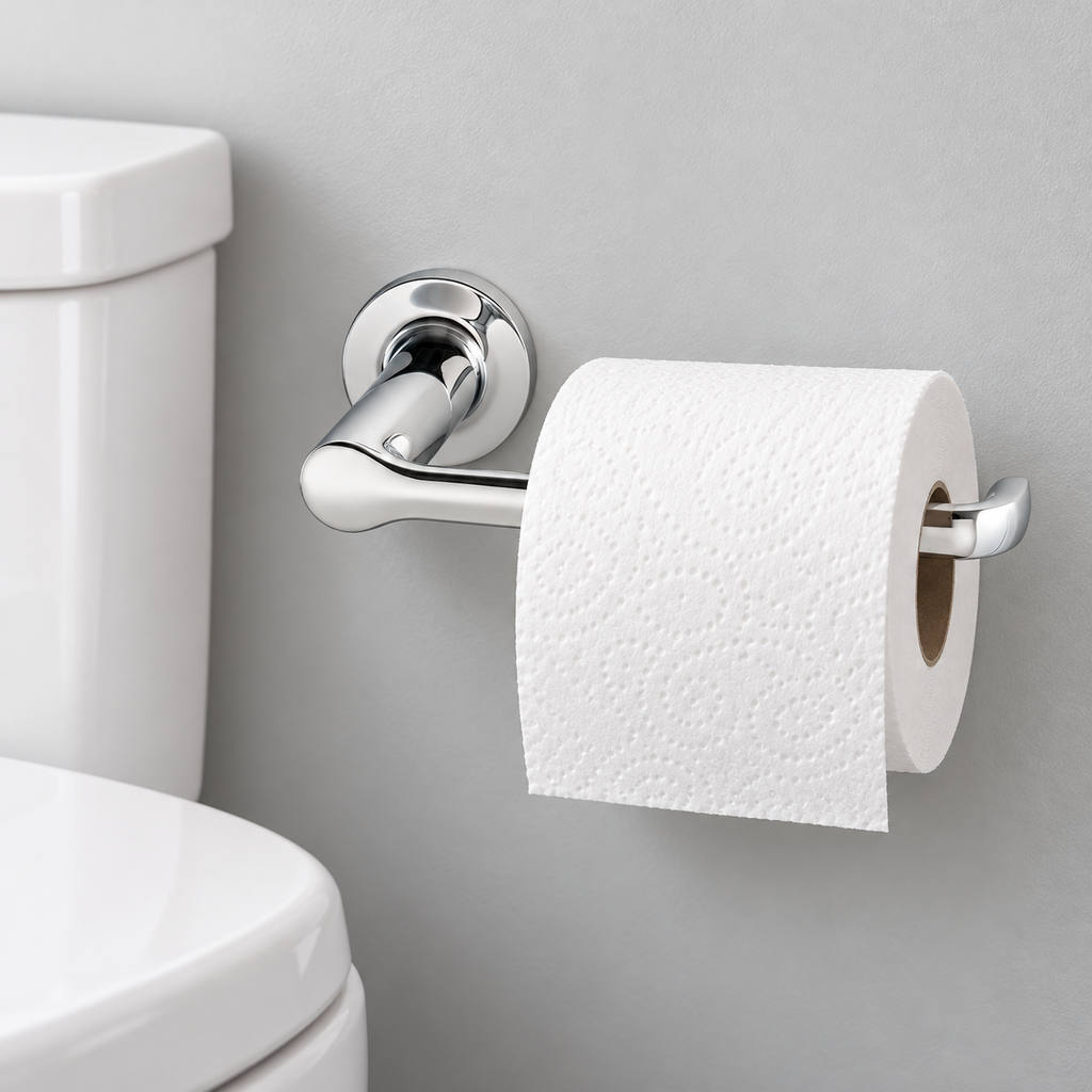 Studio S chrome toilet paper holder with a roll beside a toilet