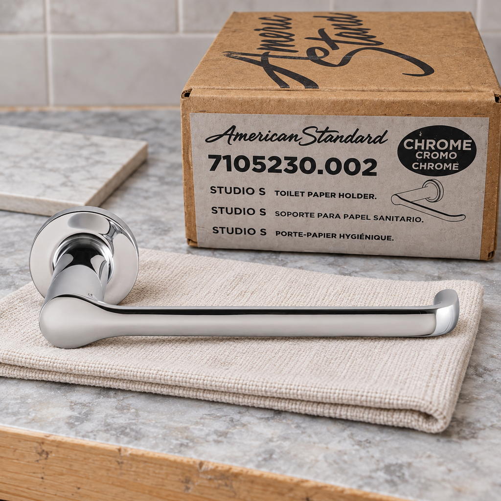 Studio S chrome toilet paper holder and labeled box on a renovation work surface