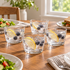 AI-generated context: four short wide Mercado clear glasses serving water at a dining table; food and tableware not included