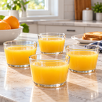 AI-generated context: four squat Mercado clear glasses serving orange juice at breakfast; drinks and other props not included