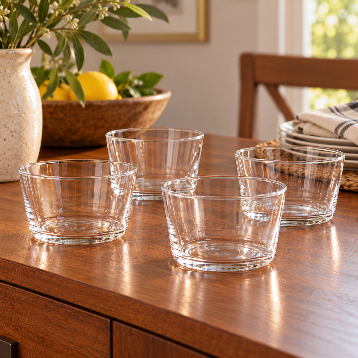 AI-generated context: four empty short wide Mercado clear glasses on a dining-room sideboard; room props not included