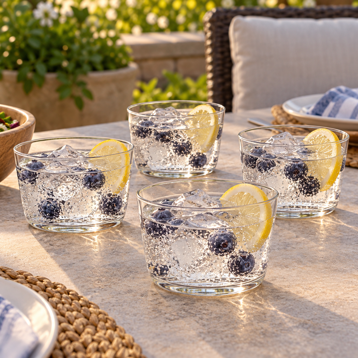 AI-generated context: four short wide Mercado clear glasses with sparkling water on a patio table; drinks and furnishings not included