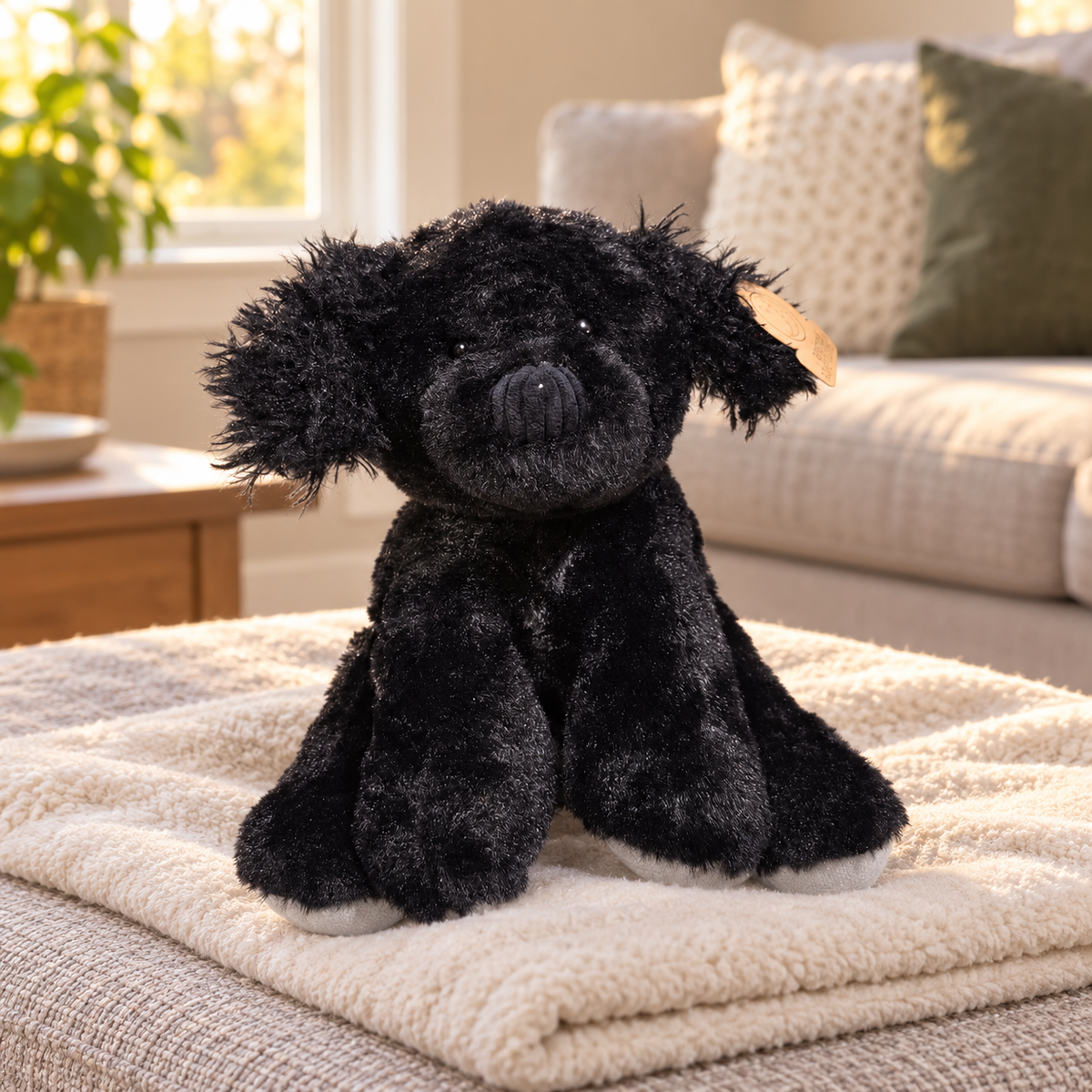 AI-generated context: the black Animal Adventure puppy plush with gray paw tips on an ottoman blanket; furnishings not included
