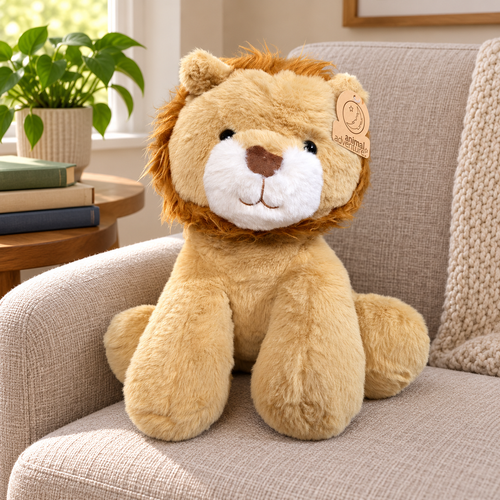 AI-generated lifestyle scene: tan Animal Adventure lion plush on a reading chair; furniture and books not included.