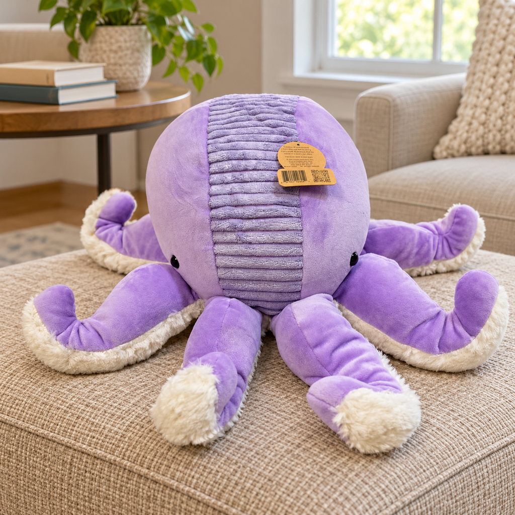 AI-generated lifestyle scene: purple Animal Adventure octopus plush with cream tentacle undersides on a living-room ottoman; furnishings not included.