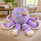 AI-generated lifestyle scene: purple Animal Adventure octopus plush with cream tentacle undersides on a living-room ottoman; furnishings not included.