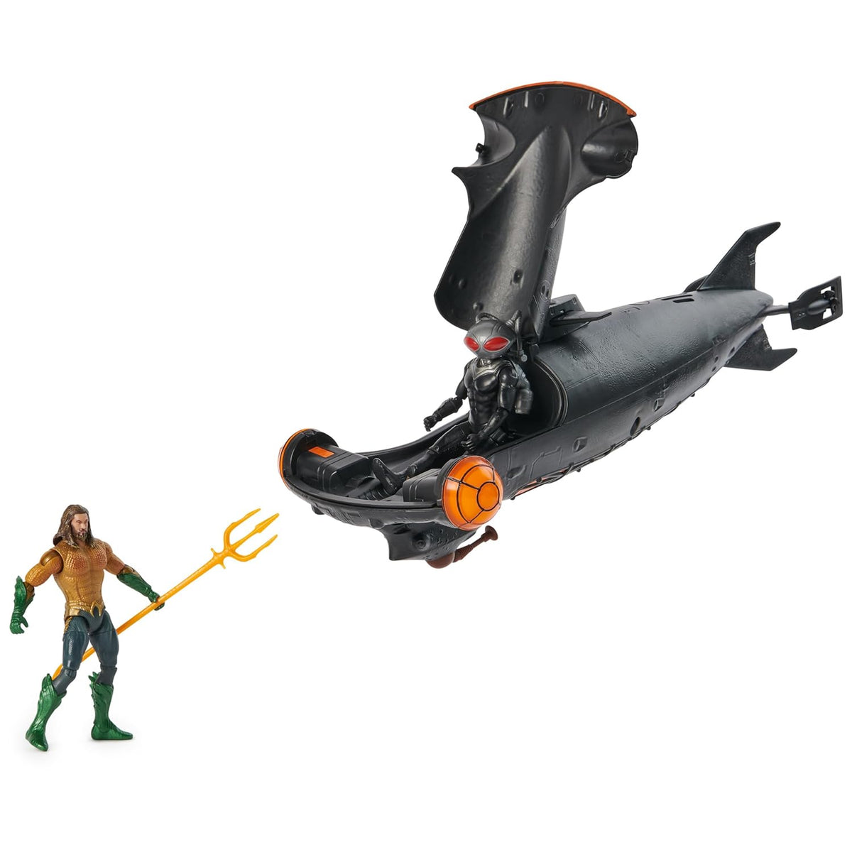 Black Manta seated in the open Manta Sub cockpit with Aquaman standing alongside
