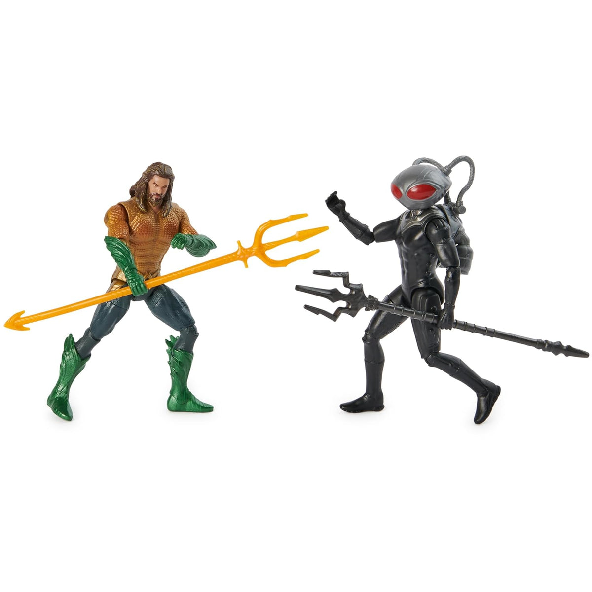 Aquaman and Black Manta 4-inch figures posed with their gold-colored and black tridents