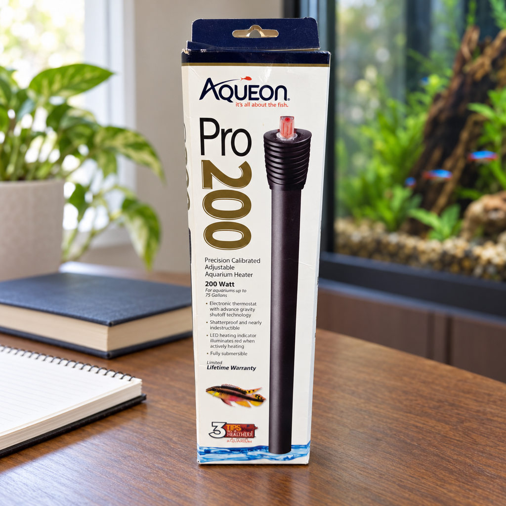 AI-generated lifestyle scene: Aqueon Pro 200W heater retail box on a dry home-office table beside books; aquarium and props not included.