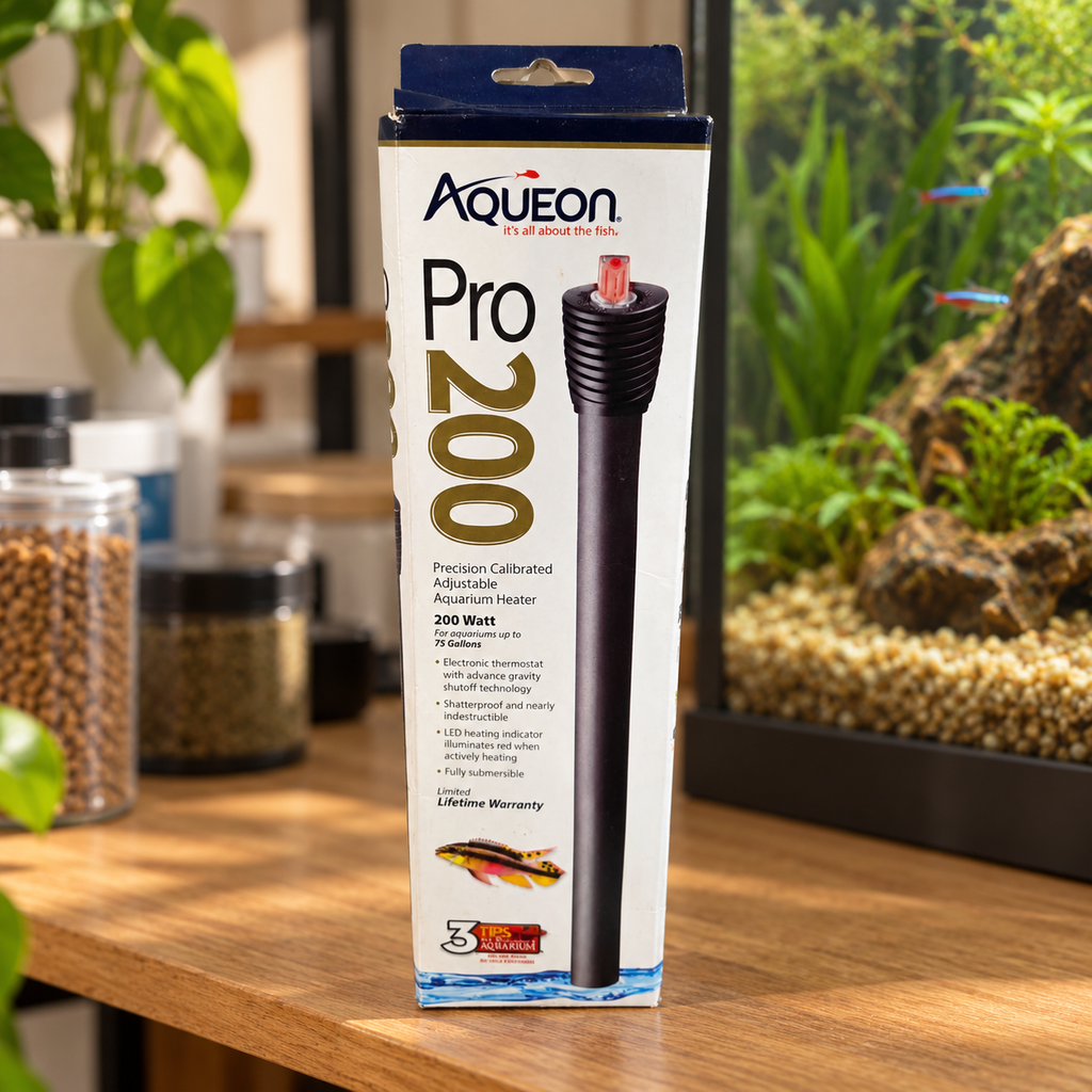 AI-generated lifestyle scene: Aqueon Pro 200W heater retail box on a dry shelf near unbranded aquarium supplies; aquarium and props not included.