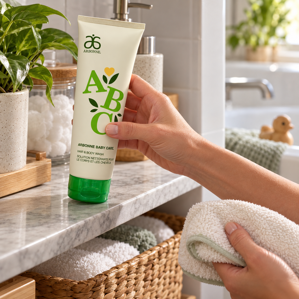 AI-generated illustration of an adult preparing the Arbonne ABC green-cap wash and a washcloth beside a sink; props not included