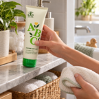 AI-generated illustration of an adult preparing the Arbonne ABC green-cap wash and a washcloth beside a sink; props not included