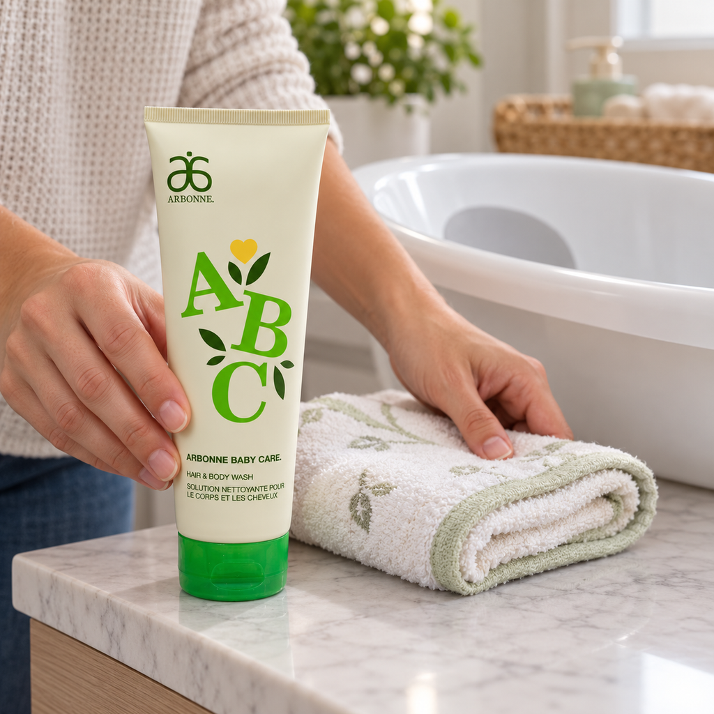 AI-generated illustration of Arbonne ABC green-cap wash beside an empty baby bath; bath and towels not included