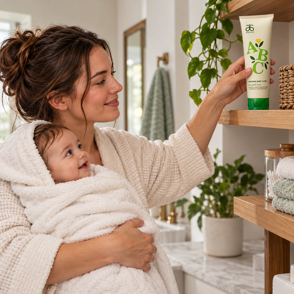 AI-generated illustration of an adult storing Arbonne ABC green-cap wash after bath time; scene props not included