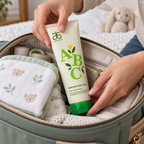 AI-generated illustration of Arbonne ABC green-cap wash being packed for a family trip; bag and towels not included