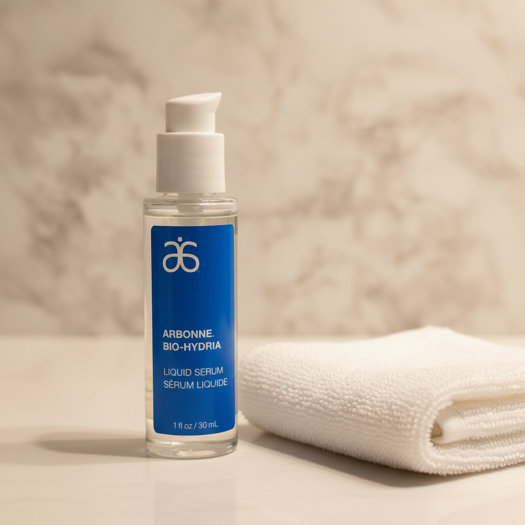 Arbonne Bio-Hydria Liquid Serum 1 fl oz beside a folded towel on a neutral vanity