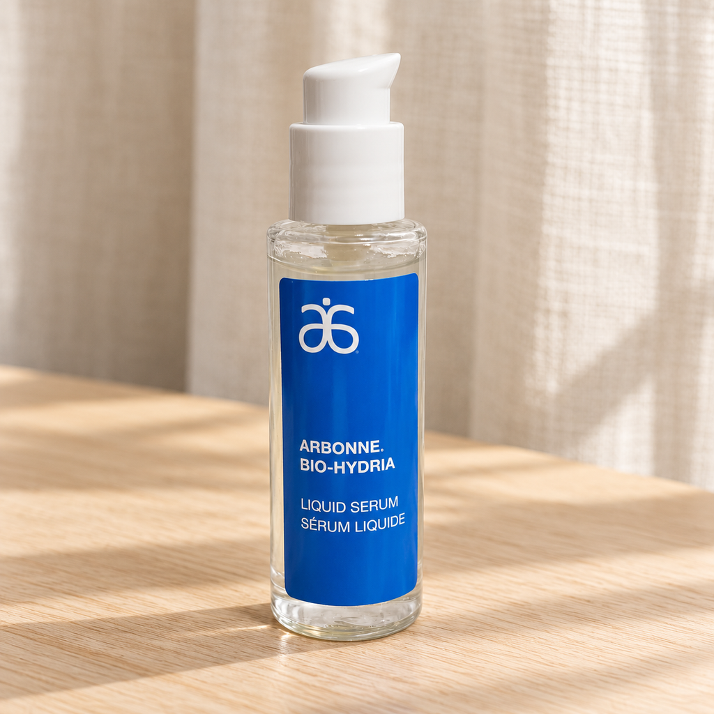 AI-generated illustration of Arbonne Bio-Hydria serum on a wooden surface in daylight
