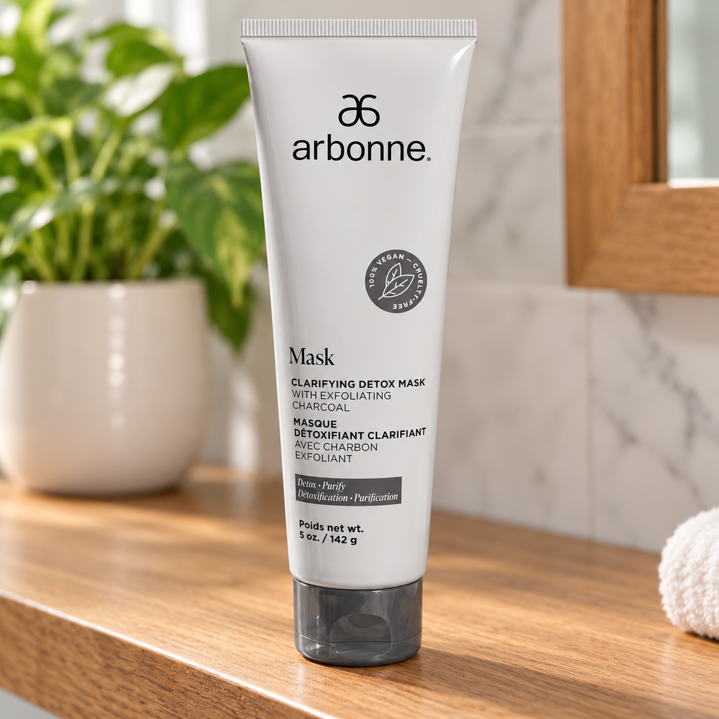 AI-generated illustration of Arbonne Clarifying Detox Mask on wooden bathroom shelf near a plant; props not included