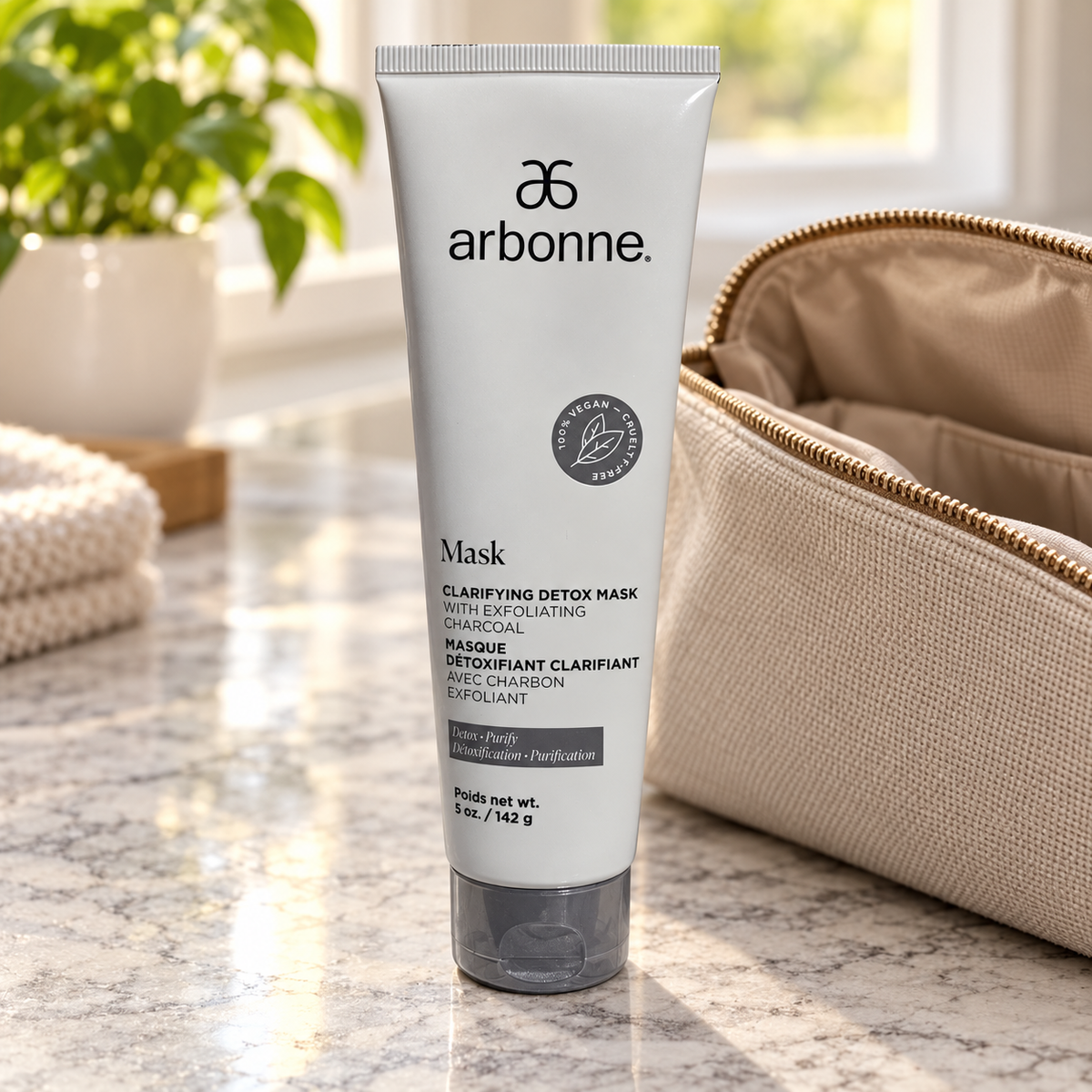 AI-generated illustration of Arbonne Clarifying Detox Mask beside a toiletry bag on dry counter; bag not included
