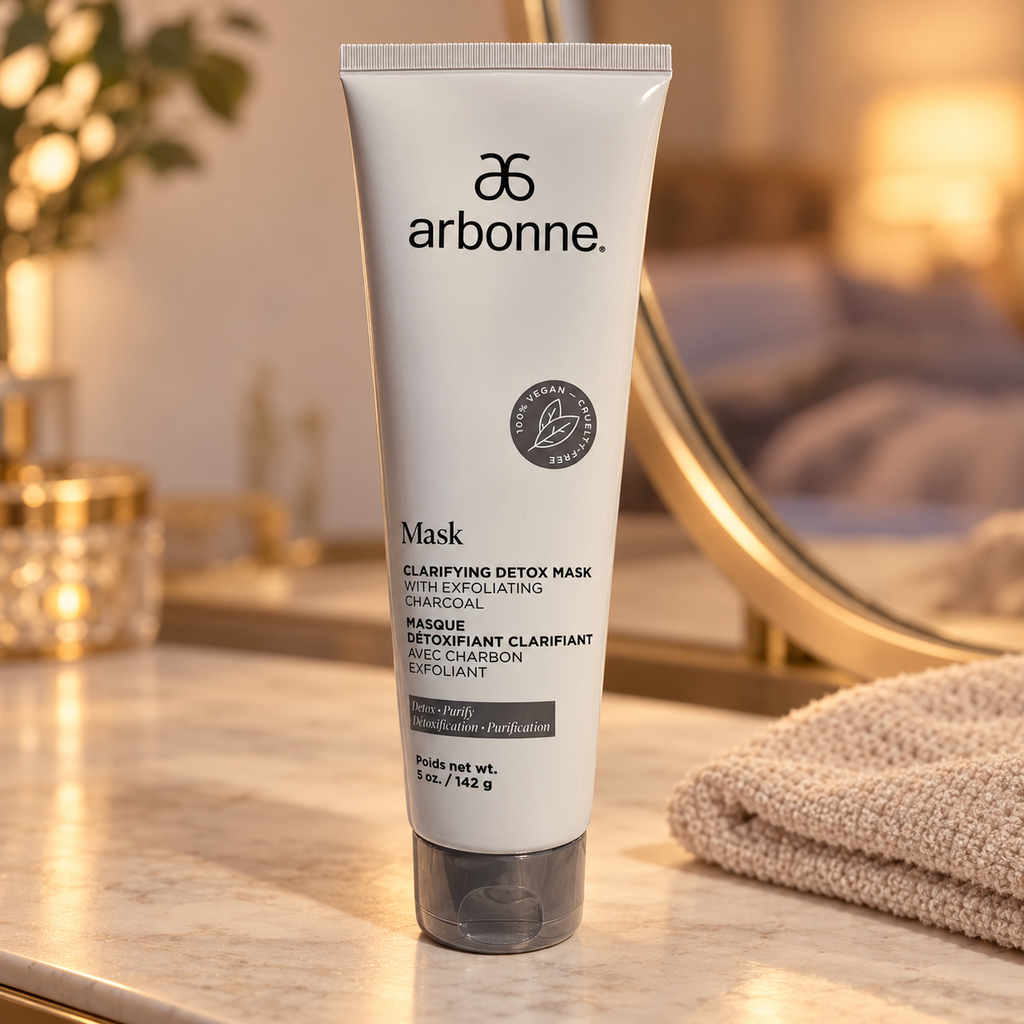 AI-generated illustration of Arbonne Clarifying Detox Mask on dressing table near a mirror; props not included