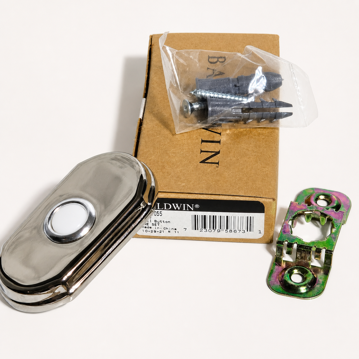 Baldwin Arch polished chrome doorbell button and hardware styled product image