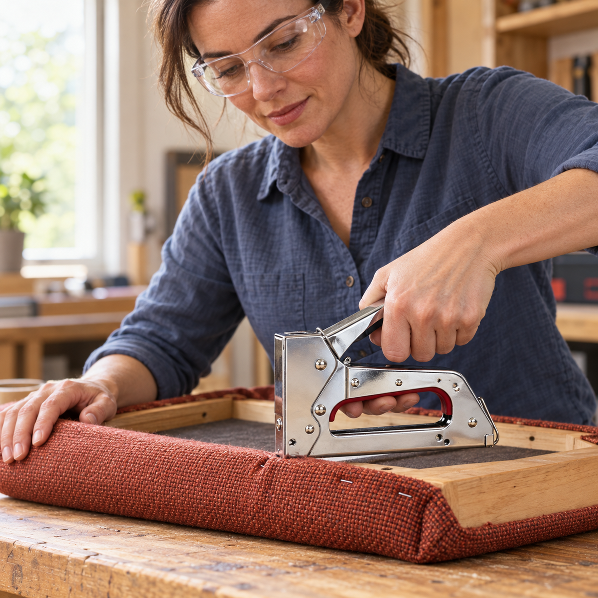 AI-generated illustration of an adult wearing safety glasses using an Arrow JT27 staple gun to fasten upholstery fabric to a wooden chair seat; project materials are props.