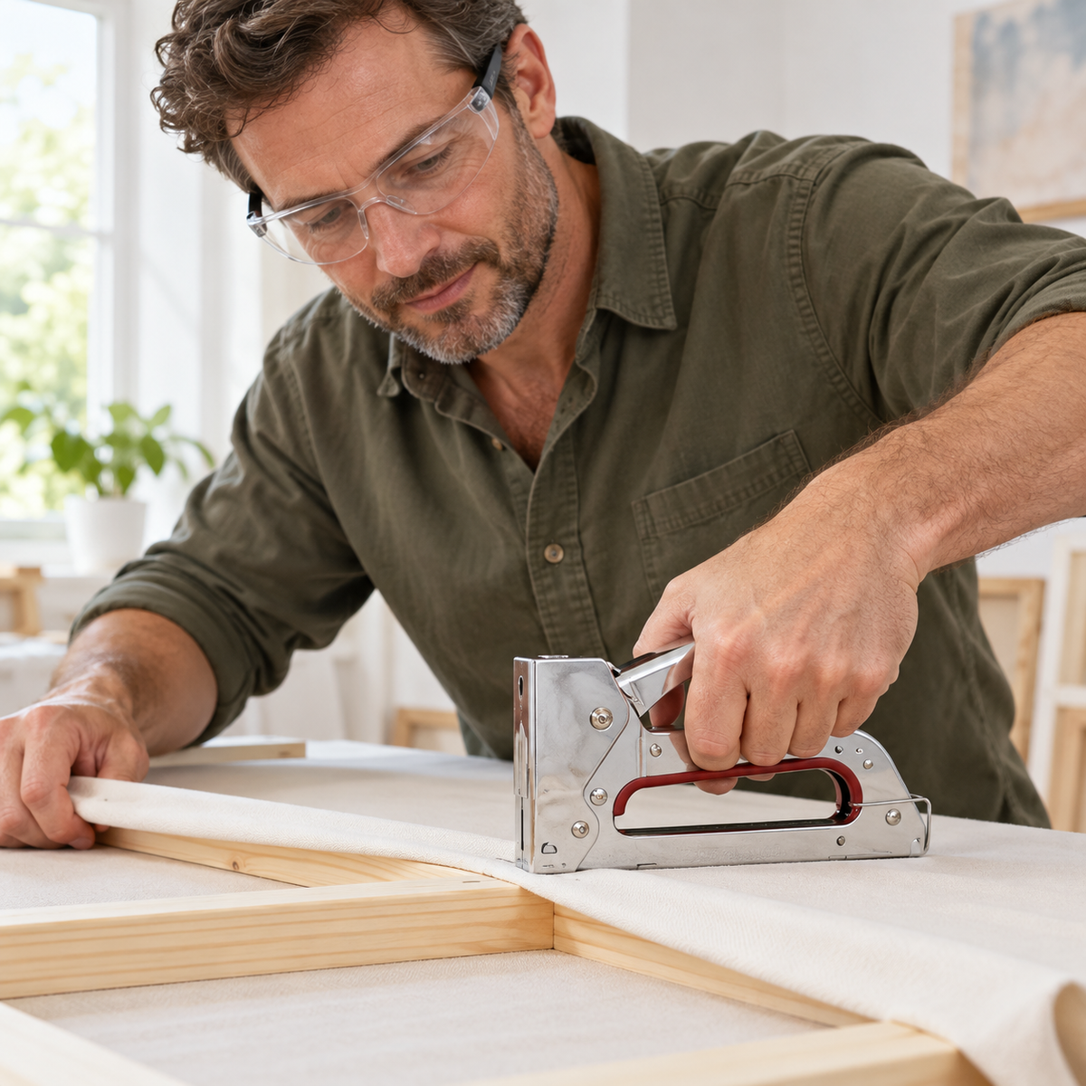 AI-generated illustration of an adult wearing safety glasses using an Arrow JT27 staple gun to fasten canvas around the back of a wooden craft frame; project materials are props.