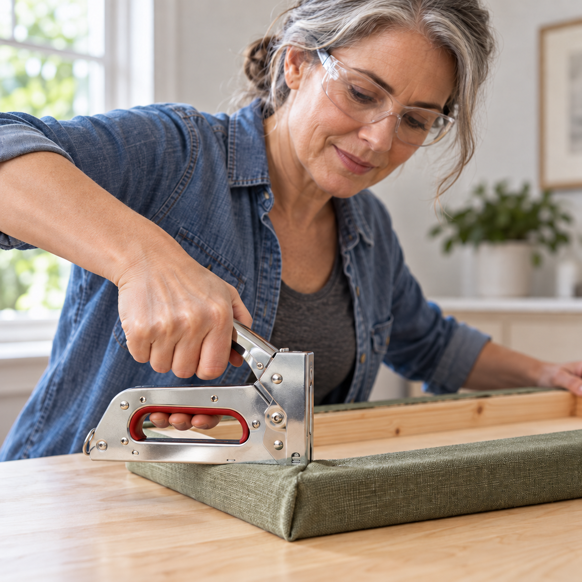 AI-generated illustration of an adult wearing safety glasses using an Arrow JT27 staple gun to fasten fabric to the back of a wooden notice-board frame; project materials are props.