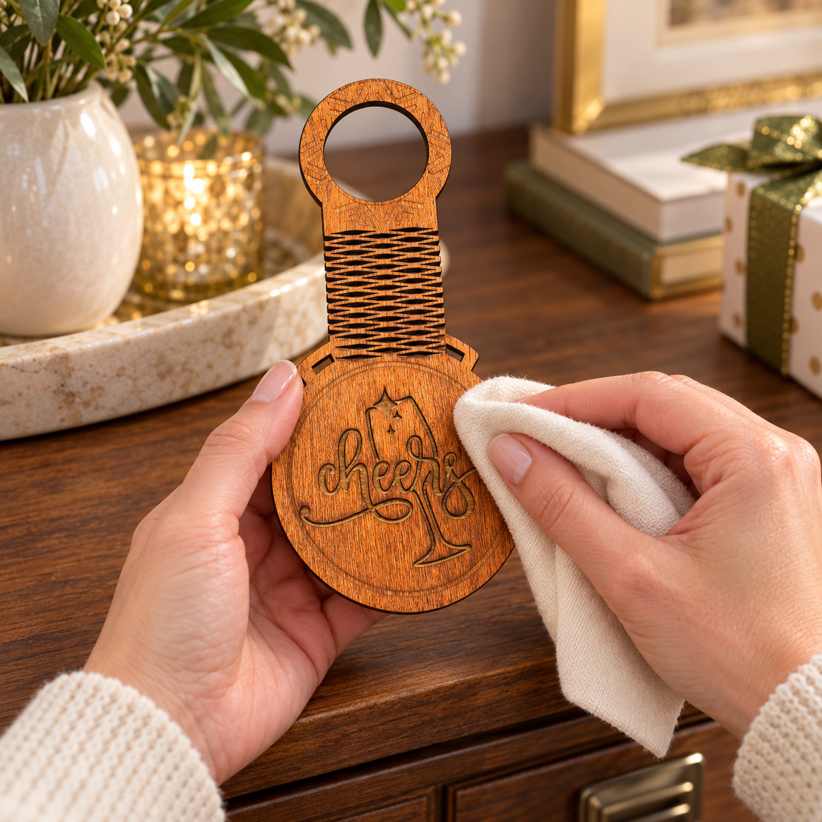Gently wiping the Cheers engraving on a wood bottle tag with a cloth